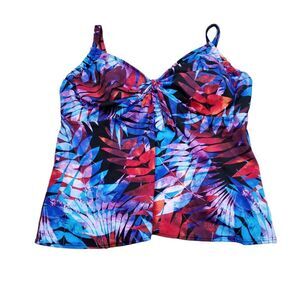 Swimsuits For All 24D/DD Tie Front Underwire Tankini Top Red Blue Palm